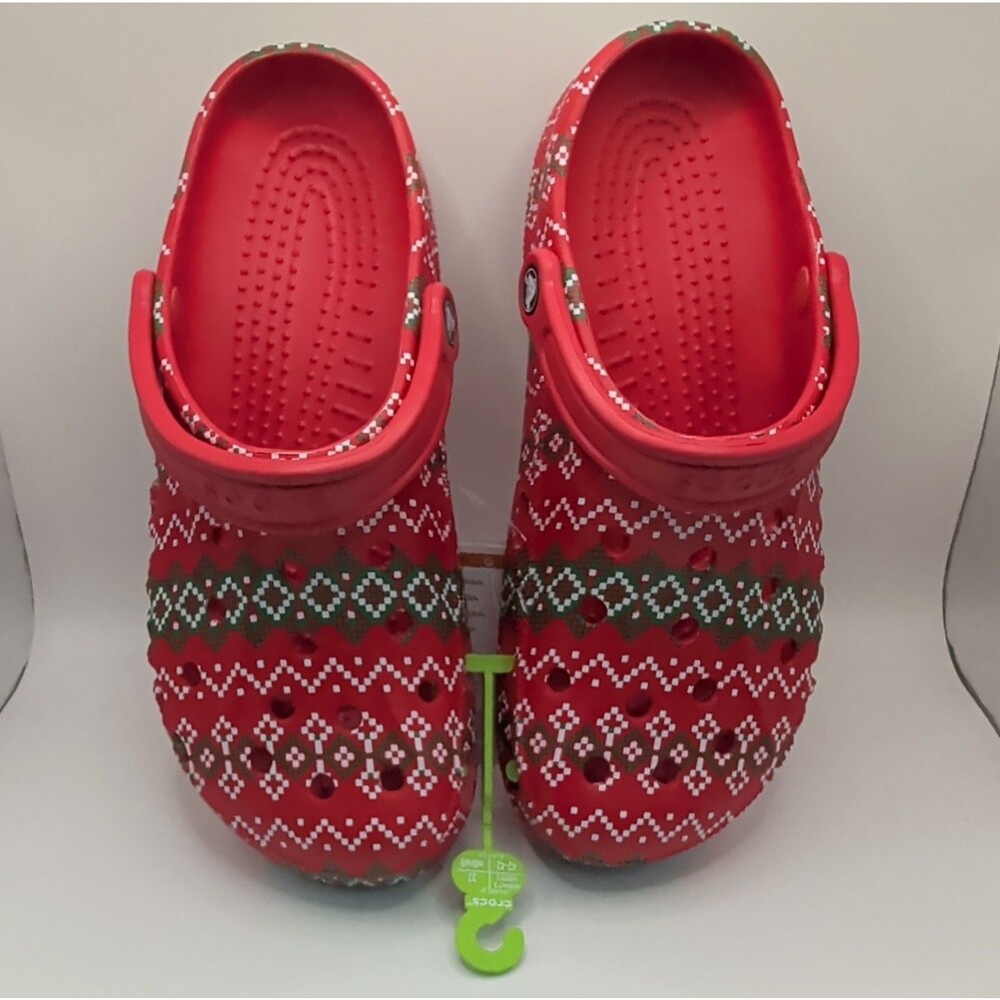 Crocs Baya Holiday Graphic Clog Red Patterned Sandals. W11, M9